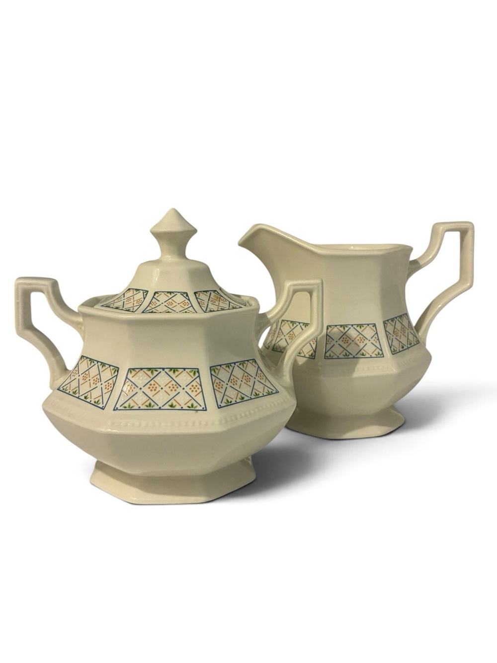 Johnson Bros Chequers Octagonal Creamer and Sugar Bowl Set Made in England VTG
